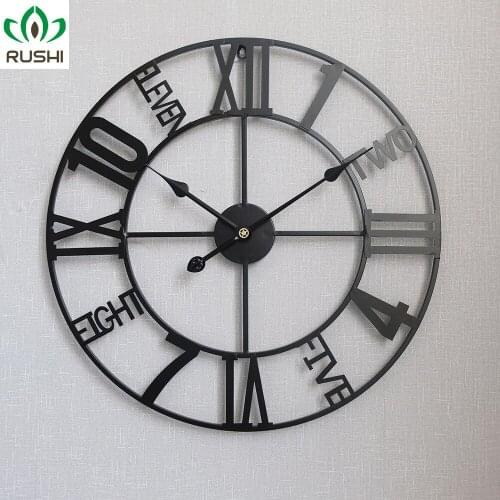 American Retro Round Wrought Iron Noiseless Hanging Clock Creative Decorative Clock European Style Wall Clocks Living Room