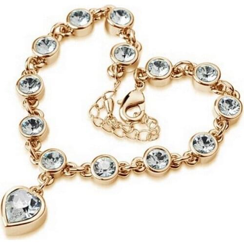 KUNIU Fashion 1Piece Gold Color with Silver Crystal Heart Drop about 23CM Wrist Chain Bracelets For Women Female Girls