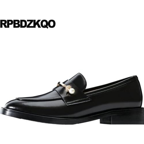 Casual diamond loafers crystal british style pearl rhinestone patent leather leisure metal ladies beautiful flats shoes black