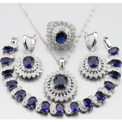 Manny 4PCS Earring Ring Pendant Necklace Bracelet Silver Color Blue Zircon Classic Jewelry Set Wedding Gift W295