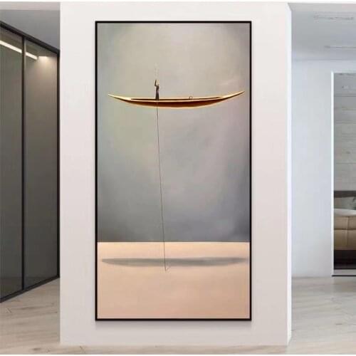 New Chinese Style Gold Boat Canvas 100% Hand Painted Landscape Abstract Painting Wall Art Pictures For Living Room Home Decor