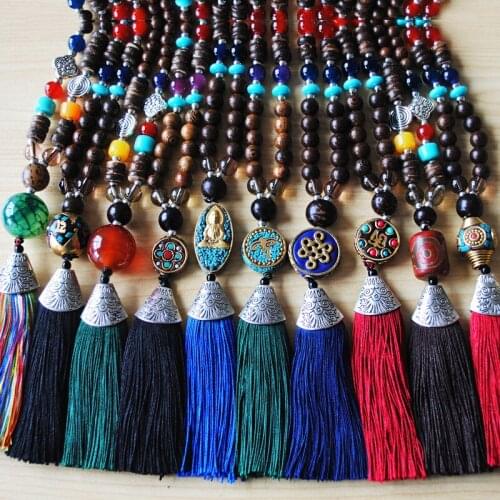 Bohemia Handmade Beading Wooden Beads Tassel Pendant Necklace Vintage Stone Sweater Chain Long Necklaces for Women Boho Jewelry