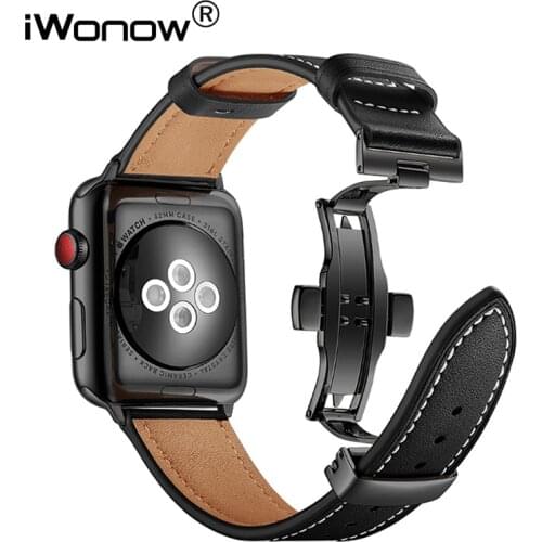 Genuine Cowhide Leather Watchband for iWatch Apple Watch SE Series 6 5 4 3 2 1 44mm 42mm 40mm 38mm Band Butterfly Buckle Strap