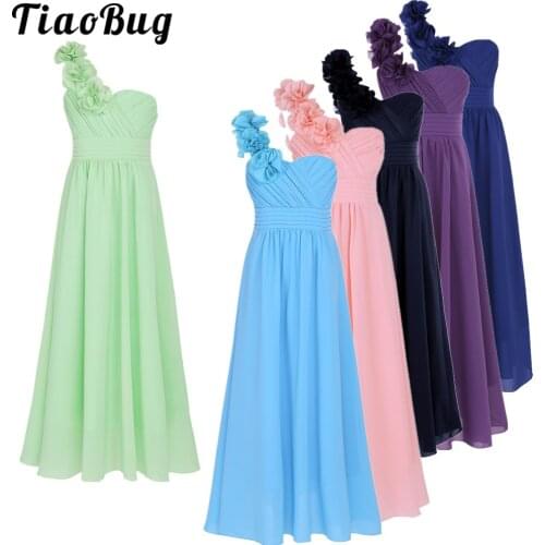 TiaoBug Summer Kids Chiffon One-Shoulder Flower Girl Princess Floor Length Dress For Pageant Wedding Bridesmaid Birthday Party
