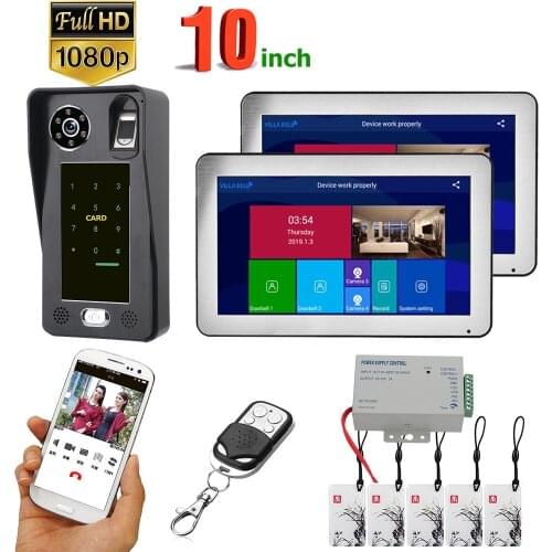 10 inch 2 Monitors Wifi Wireless Fingerprint IC Card Video Door Phone Doorbell Intercom System with Wired AHD 1080P Door Acc