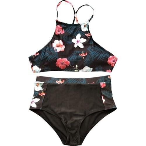Women Summer Swimwear Sets 2 Pieces Bathing Suit Female Floral Print U-Neck Bikini Tops+ High Waist Panties Ladies Bikinis Sets