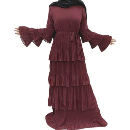 Abaya Muslim Women Layered Dress Floor Length Ramadan Islamic Dubai Tiered Arab Jilbab Maxi Robe Flare Sleeve Pleated Party New