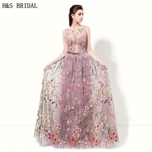 H&S Bridal Light Purple evening dresses Sheer Front robe de soiree Embroidered Lace Evening Gown V-Back evening party 2017