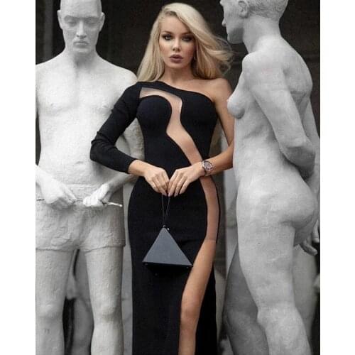 Women Winter Sexy Single Sleeve Mesh Maxi Long Black Bodycon Bandage Dress 2021 Designer Elegant Evening Party Dress Vestido