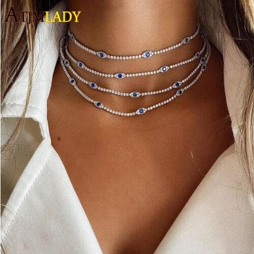 2021 New Arrive Minimal Delicate Clear CZ Lucky Turkish Evil Eye Charm Choker Collarbone Women Girl Tennis Chain Necklace
