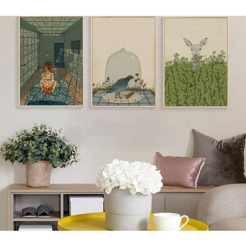 Abstract Girls Flowers Deer Wall Art Canvas Paintings Artistic Cartoon Posters And Prints Nordic Decorative Pictures For Room