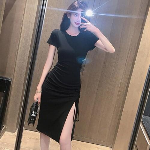 One-Piece Dress Women Korea Slim Pleated Lace Solid Color Side Slit Mid-Length Dress Buttocks T-Shirt Long Skirt Summer Clothes