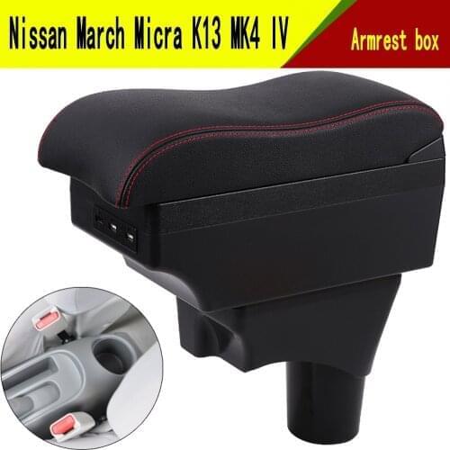 For Nissan March Micra K13 MK4 IV armrest box central Store content Storage box with cup holder ashtray USB interface 2010-2017
