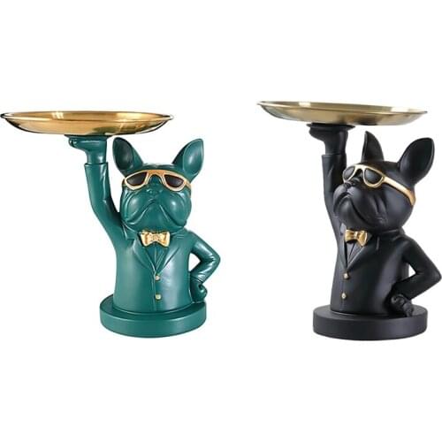 Cool Dog Sculpture Bulldog Decorative Figurine Storage Tray Coin Bank Entrance Key Snack Holder Modern Art Statue