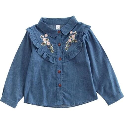 DFXD Toddler Girls Denim Shirts Long Sleeve Cotton Floral Embroidery Blouse Fashion Spring Kids Tops Children Clothes 2-7T New