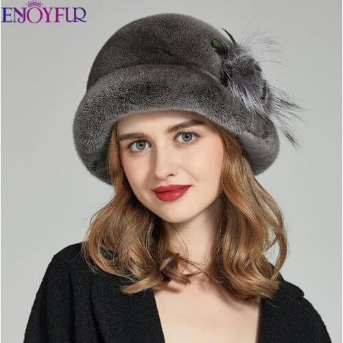 ENJOYFUR Winter Whole Mink Fur Hats For Women Fashion Fur Flower Luxury Bucket Bonnet Warm Russia Female Quality Ski Beanie New
