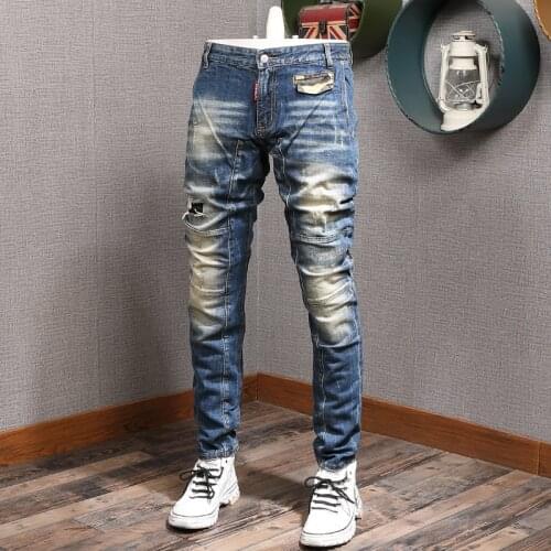European American Street Fashion Men Jeans Retro Blue Slim Ripped Biker Jeans Men Spliced Designer Distressed Denim Punk Pants