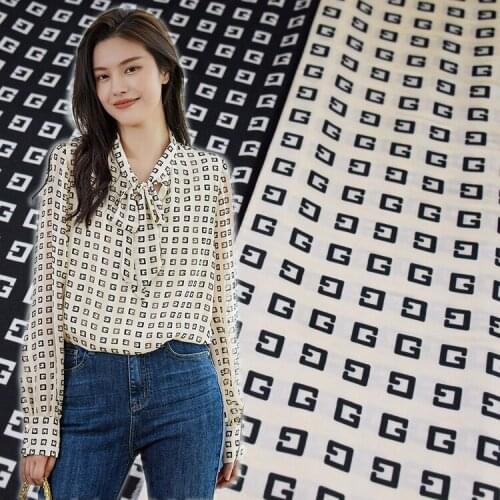 Imitation Silk Satin Chiffon Fabric Fashion Black Beige Geometric Letter G Dress Shirt Pants Handmade DIY Fabric