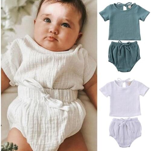 0-24M Baby Summer Clothing Newborn Kids Baby Boy Girl Clothes Cotton Linen Tops+Shorts Pants Solid Baby Girls Outfits Set