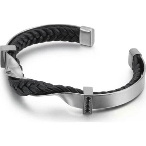 Stainless steel leather bracelet Europe and the United States black titanium steel mens bracelet open leather bracelet jewelry