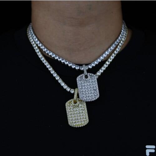 Mens Pendant Filled Iced Out Rhinestone Gold Color Charm Square Dog Tag Necklace With Cuban Chain Hip Hop Jewelry