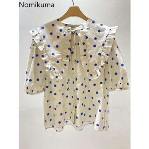 Nomikuma 2021 Summer New Polka Dot Blouses Causal Bow Tie Ruffle Poater Pan Collar Woman Shirts Sweet Korean Blusas Top 6H119