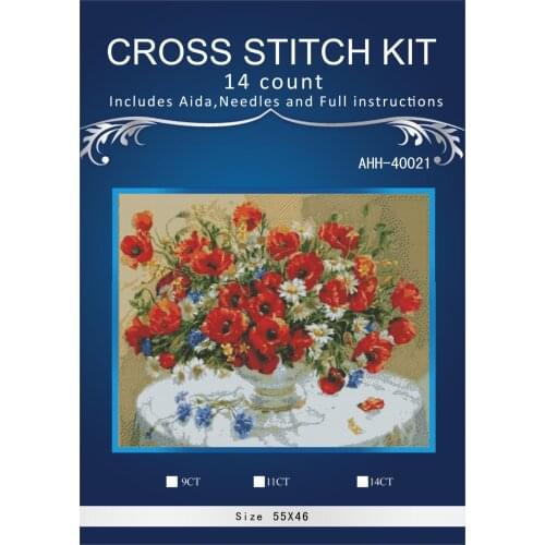 Oneroom red poppy flowers 2 Cross Stitch Embroidery Kits 14CT Owl Animal Tree Cotton Thread Painting DIY Needlework DMC