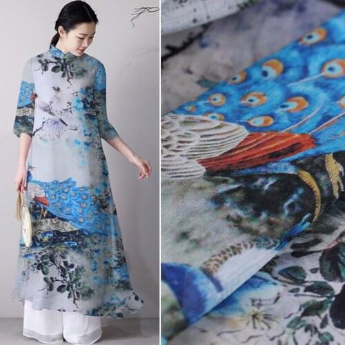 Peacock digital inkjet silk linen fabric dress cheongsam silk fabric natural linen fabric wholesale linen cloth 140cm