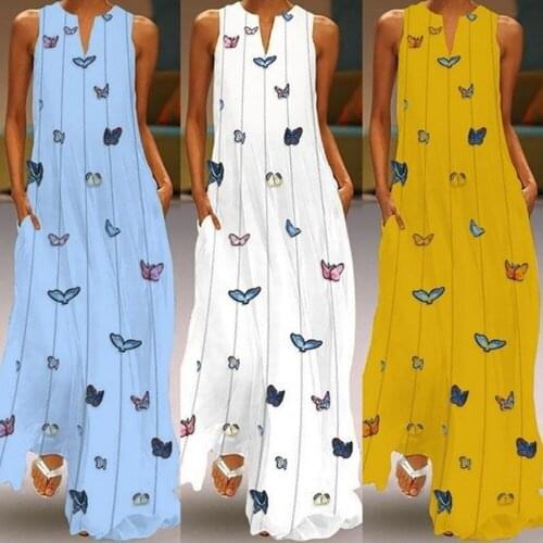 Women Maxi Dress Summer Casual Striped Butterfly Print Female Dress Fashion V-neck Tank Sleeveless Straight Beach Long Dress