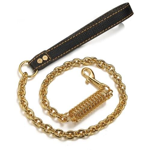 Stainless Steel Dog Leash Heavy Duty Strong Pet Lead Chain Rope Explosion-proof Buffer Spring Genuine Leather Handle Dog Leashes