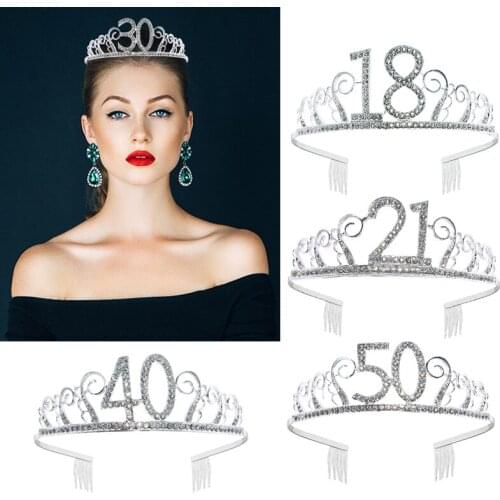 18/21/30/40/50 Women Birthday Crown Headband Birthday Gifts Girls Crystal Rhinestone Hair Jewelry Accessories Party Decor