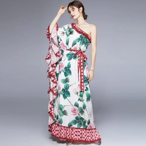 Plus Size Red Flower Printed Loose O Neck Lace Up Chiffon Summer Women Bohemian Beach Batwing Sleeve Floral Maxi Dress Vestidos