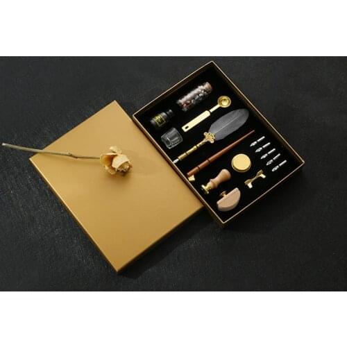 European style Luxury Vintage Feather Quill Dip Calligraphy Fountain Pen Writing Ink 5 Nibs Set Stationery Birthday Gift Box