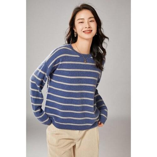 Zocept Winter Contrast Striped Knitted Sweater Women 100% Pure Wool Pullovers Loose Fashion O Neck Chic Jumper Cashmere Knitwear