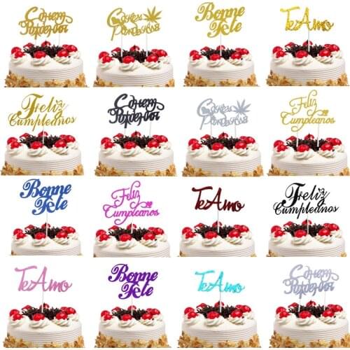 Cake Topper Bonne Fete French Russian Happy Birthday Decor Spanish Feliz Cumpleanos Te Amo Cake Flags Party DIY Customised New