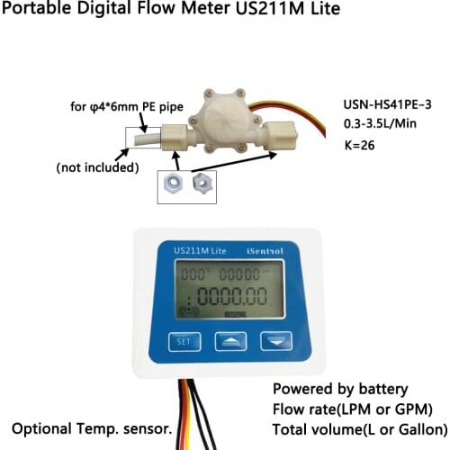 US211M Lite Digital Flowmeter and USN-HS41PE-3 0.3-3.5LPM Hall Effect Flow Sensor Total Volume and Flow Rate Display