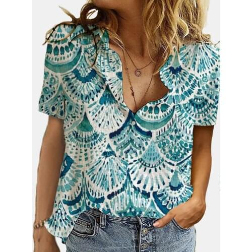 Fan-shaped Printing Women Blouses 2021 New Summer Short Sleeve Turn Down Collar Casual Office Shirt Buttons Lady Tops S-3XL