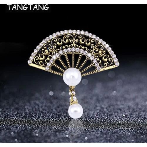 Antique Gold Rhinestone Pearl Pendant Brooch Vintage Janpanese Style Fans For Female Jewelry Accessories Scarf Pins Hollow Charm