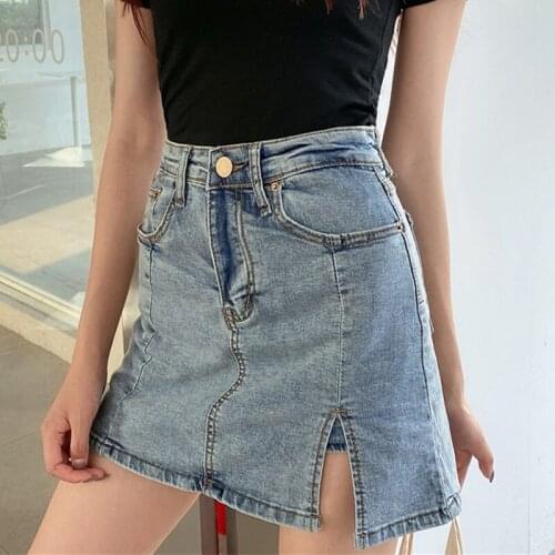 Summer Fashion Retro Washed Denim Skirt Harajuku Style A-line Skirt Split Elastic Band Hip-lifting Little Hot Girl Mini Skirt