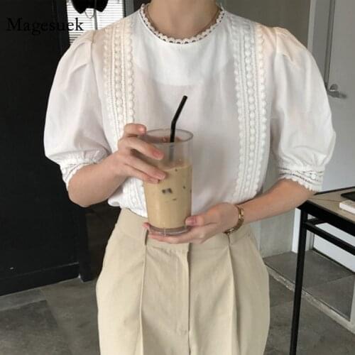 New O Neck Loose Blouse Women Korean Chic Retro Summer Sweet Puff Short Sleeve Fashion Tops Hollow Lace Stitching Shirt 14492