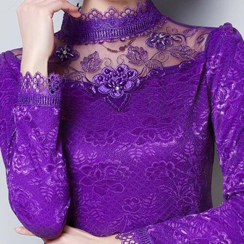 2019 New Autumn Women Lace Turtleneck Appliques Elegant T-shirt Female Full Sleeve Casual Tops