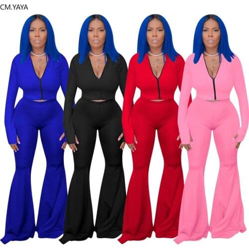 CM.YAYA Active Wear Womens Set Zipper Up Tops Wide Leg Flare Bellbottom Pants Suit Tracksuit Sport Two Piece Set Fitness Outfit