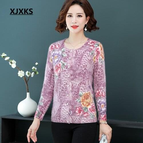 XJXKS Fashion printing single-breasted women cardigan 2019 autumn winter new plus size mink cashmere sweater women cardigan coat