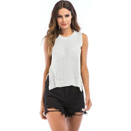 AIIOU Split Hollow Out Knitted Ribbed Womens Tank Top Feminine Female Fashion Summer See Through Loose Casual White Top