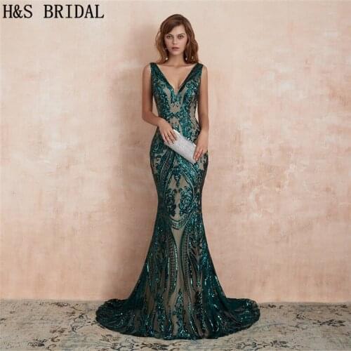 Green V Neck Mermaid Evening Dress vestidos de fiesta de noche Evening Gown Sequins evening dresses long 2020 Red Prom Dresses