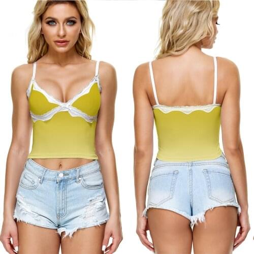 3D Yellow Gradient Color Vest Womens Lace Suspenders Sleeveless Casual T-shirt Summer Female Sexy TopS Ladies Girl Vest T-shirt