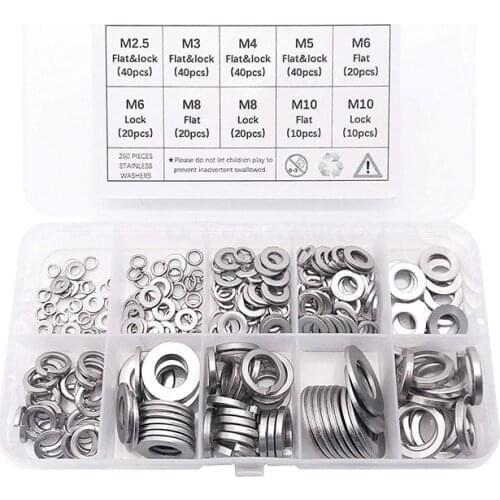 260-Pcs (7-Size) Steel Flat Washer and Lock Washer Assortment Set - Size Included: M2.5 M3 M4 M5 M6 M8 M10