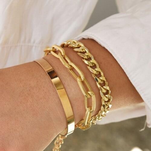 3Pcs/Set Punk Geometric Chain Bracelet Set Womens Retro Thick Chain Snake Chain Charm Bracelet Trend Rock Hip Hop Jewelry Gift