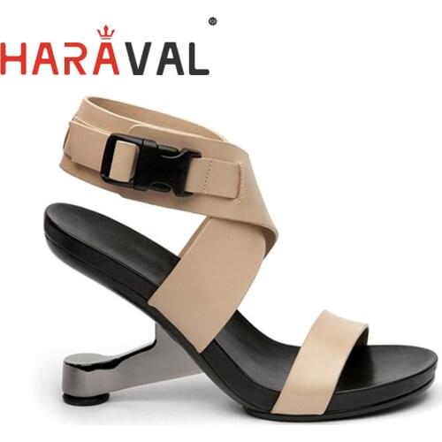 HARAVAL Women Sandals Fashion Sexy Spring Summer Autumn Strange High Heels Style Black Brown Genuine Leather Buckle Strap B32