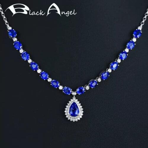 BLACK ANGEL 925 Sterling Silver Shiny Luxury Blue Gemstone Water Drop Sapphire Pendant Necklace For Women Jewellry Wedding Gift